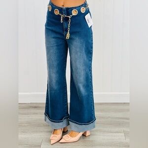 Blue B gold chain belt grommet cuffed jeans. New medium